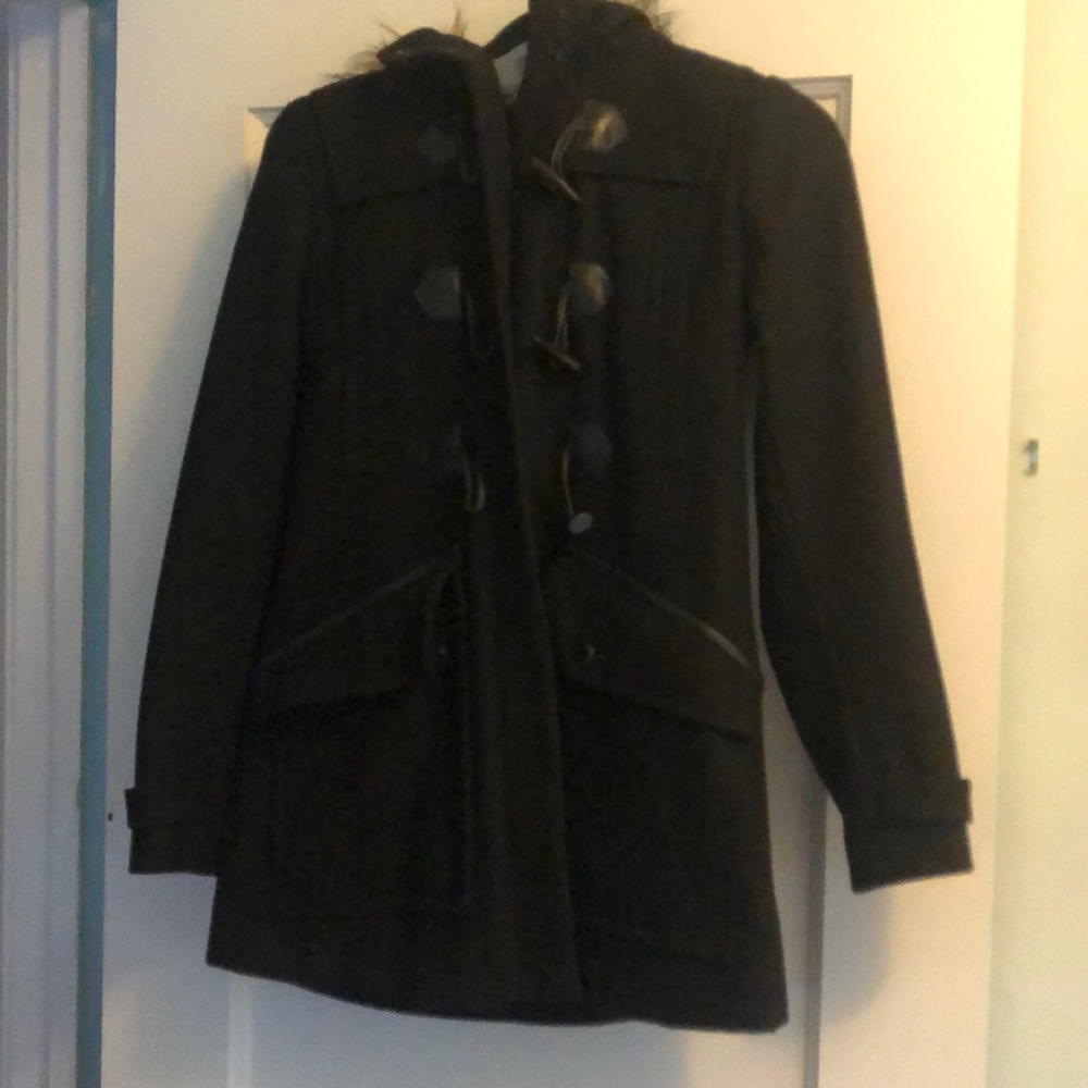 MARC NEW YORK BLACK PEA COAT FAUX FUR HOOD